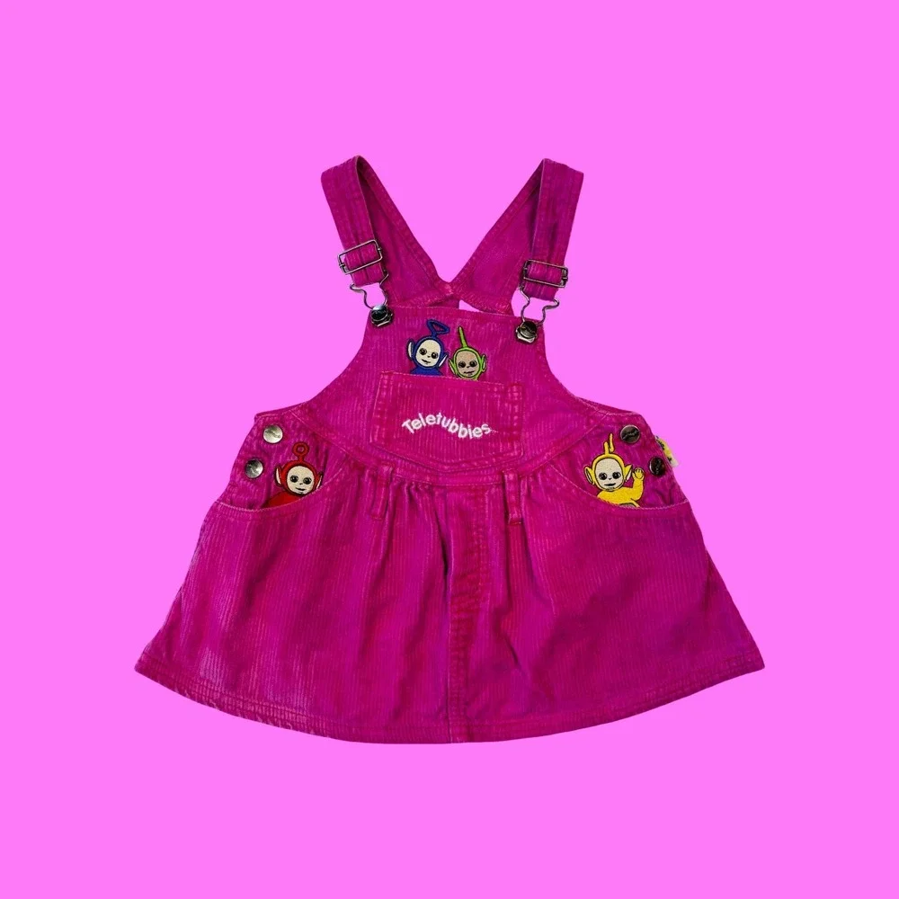 Vintage Teletubbies Embroidered Hot Pink Corduroy Overall Dress, Size 3T - Picture 1 of 15